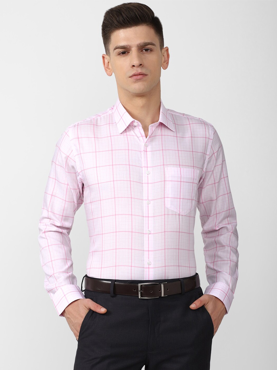 

Van Heusen Men Pink Slim Fit Windowpane Checks Checked Formal Pure Cotton Shirt