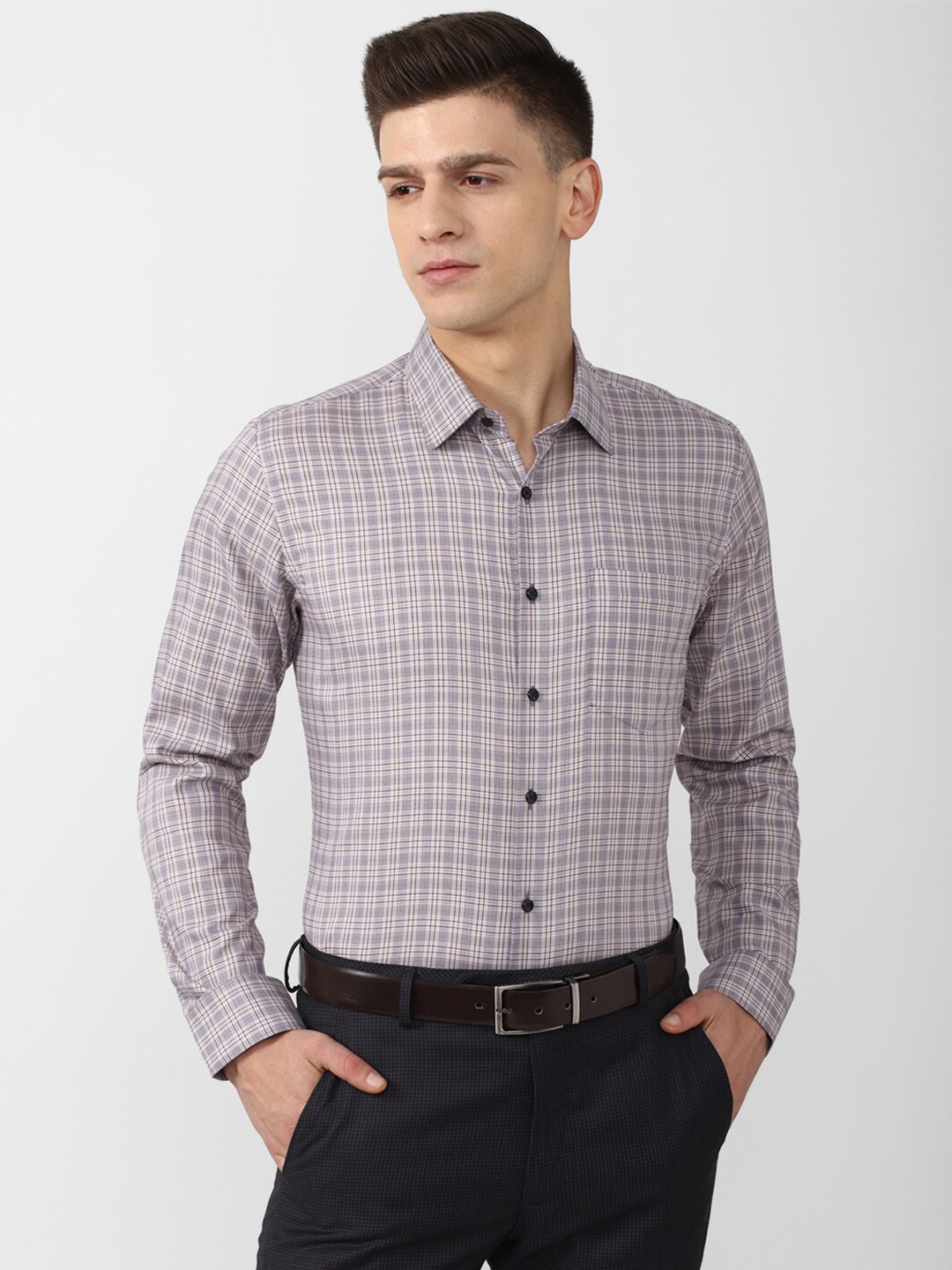

Van Heusen Men Grey Slim Fit Checked Pure Cotton Formal Shirt