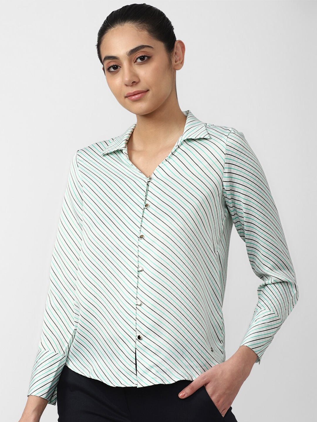 

Van Heusen Woman Women Green & White Striped Casual Shirt