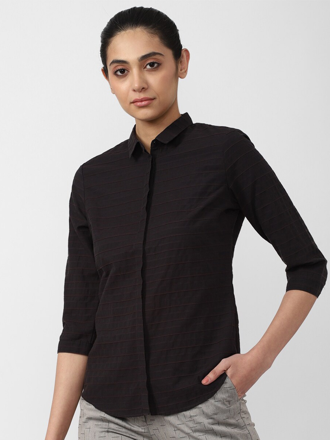 

Van Heusen Woman Women Black Horizontal Stripes Striped Casual Shirt