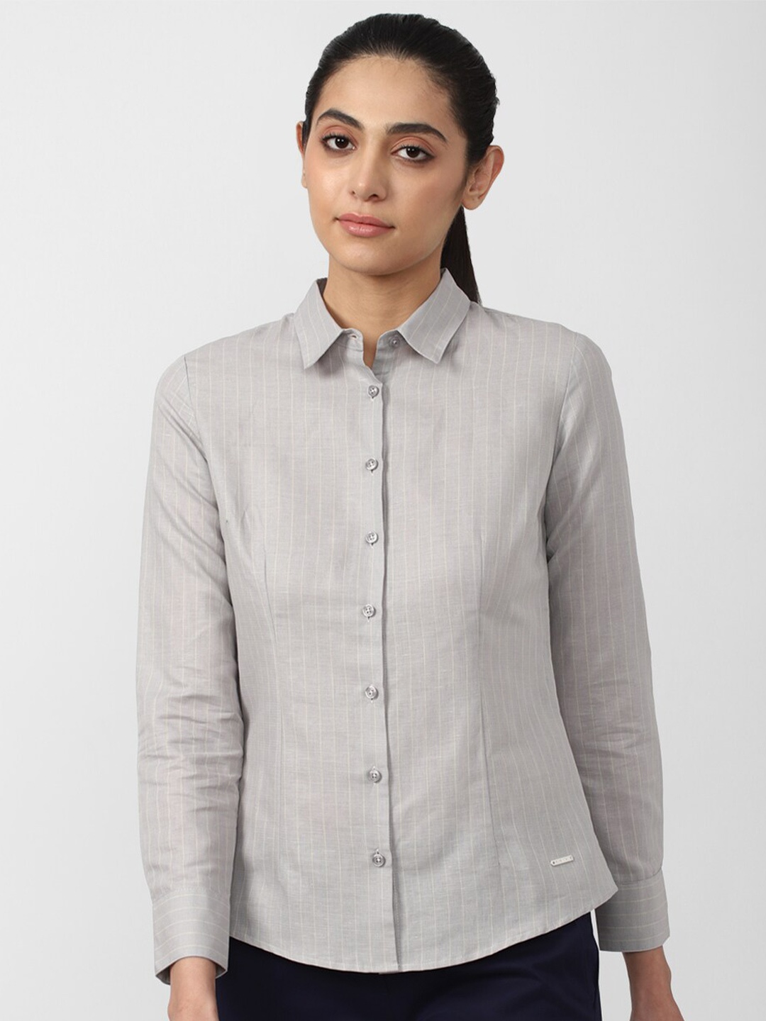 

Van Heusen Woman Grey Striped Formal Shirt