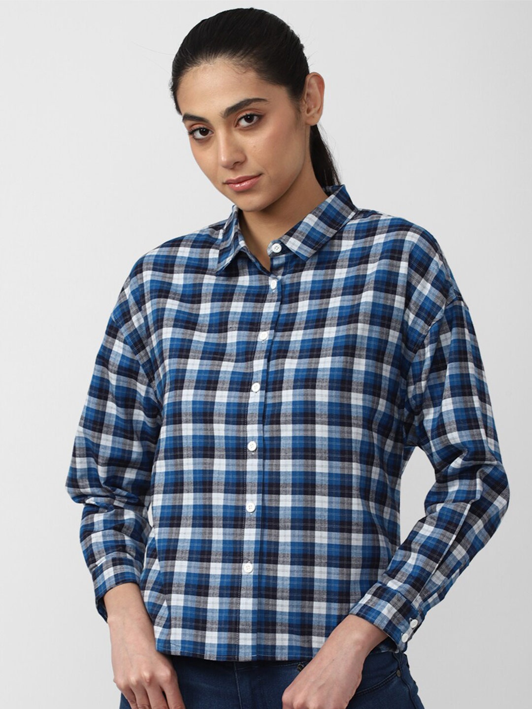 

Van Heusen Woman Women Blue & White Tartan Checked Pure Cotton Casual Shirt