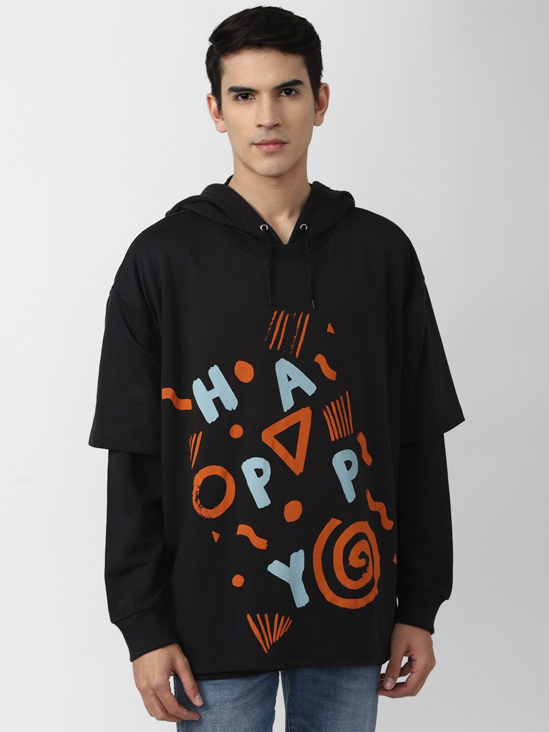 

FOREVER 21 Men Black Printed Hooded Sweatshirt