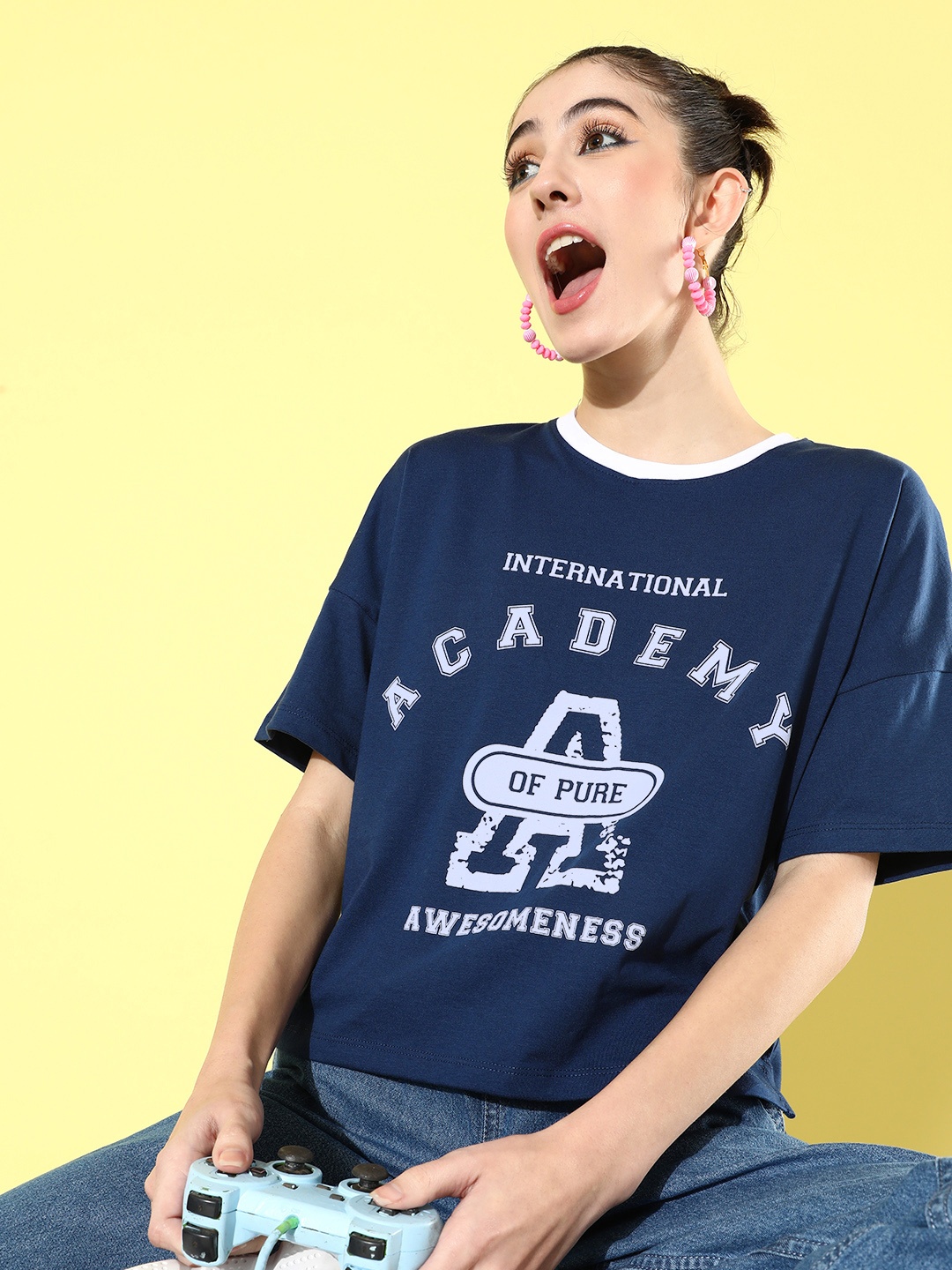 

Mast & Harbour Women Round Neck Typography Printed T-shirt, Blue