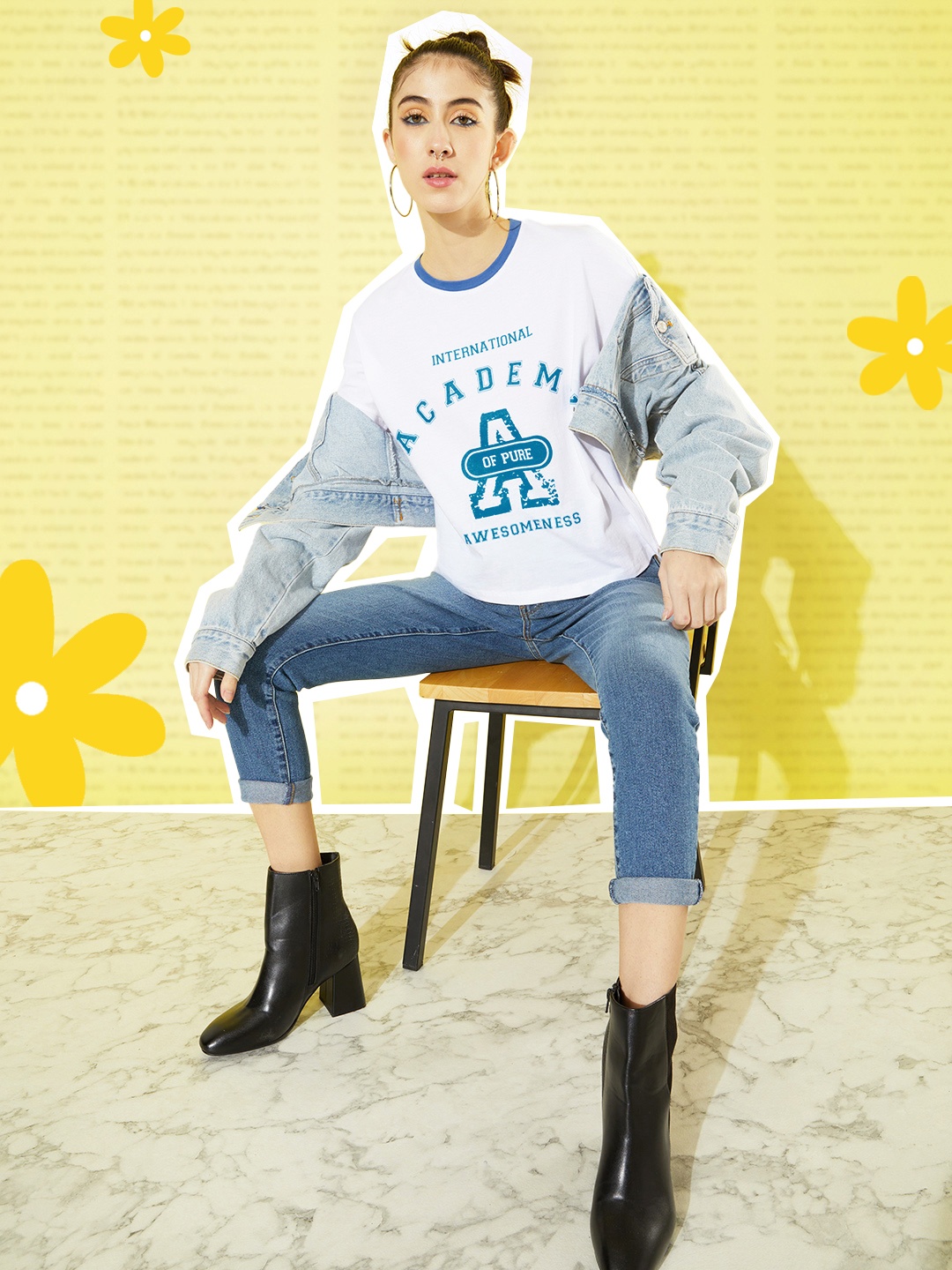 

Mast & Harbour Women Snow White Pure Cotton College Cool Whipped for Varsity T-shirt