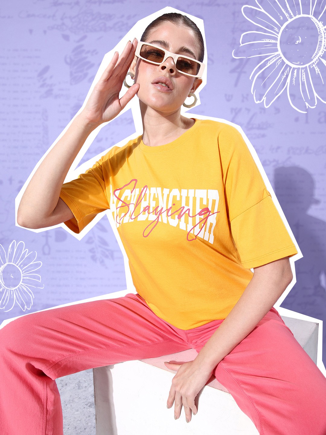 

Mast & Harbour Women Bright Yellow Pure Cotton College Cool Whipped for Varsity T-shirt