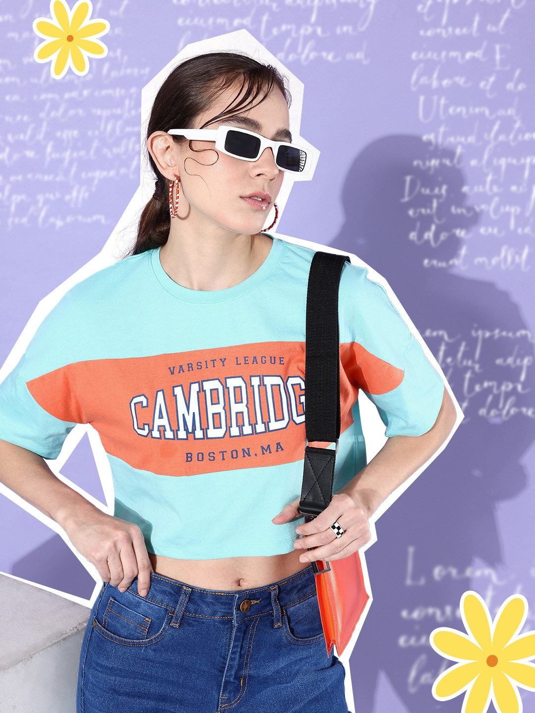 

Mast & Harbour Women Typography Printed Pure Cotton Crop T-shirt, Blue