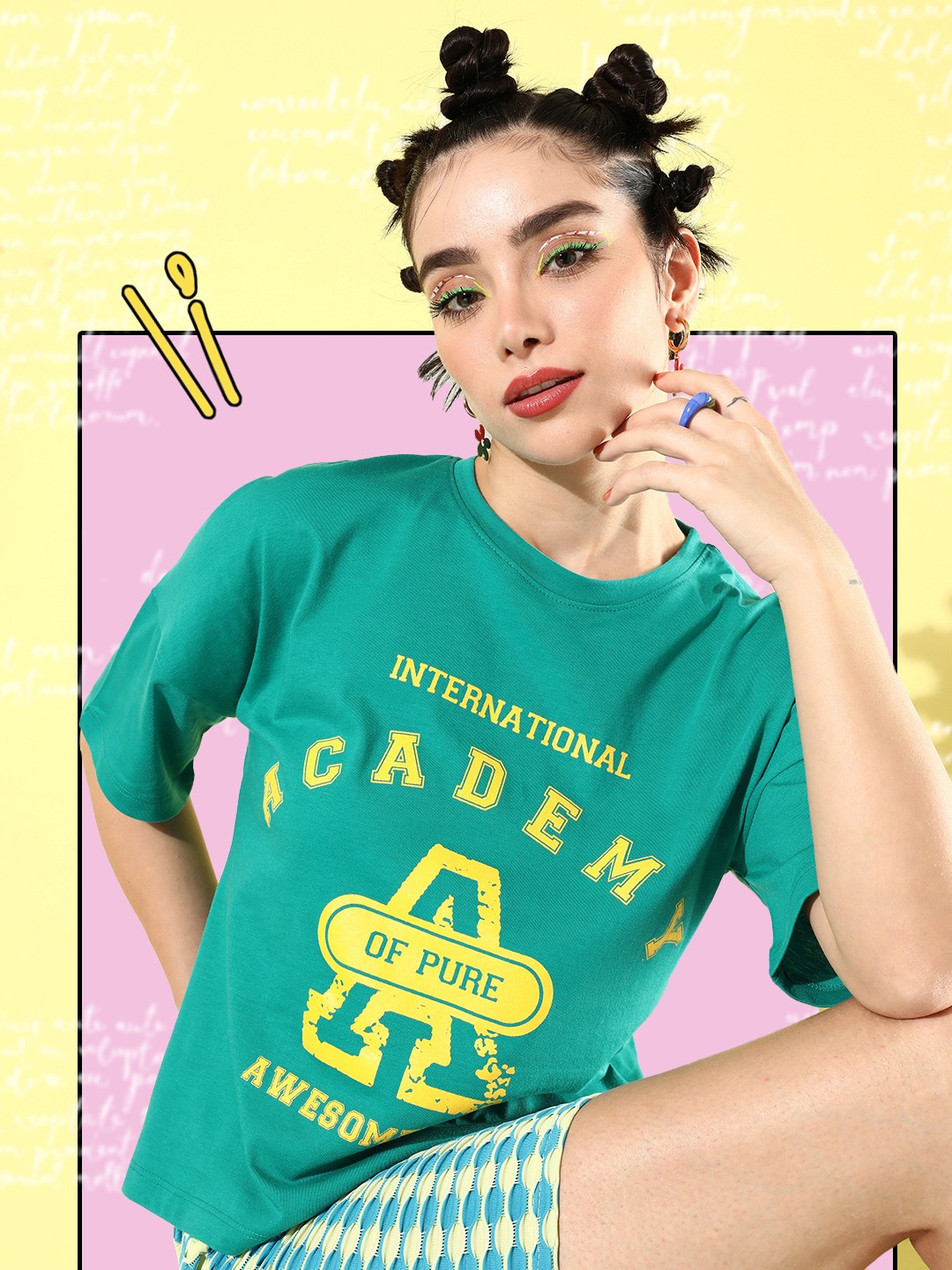 

Mast & Harbour Women Green Pure Cotton College Cool Whipped for Varsity T-shirt