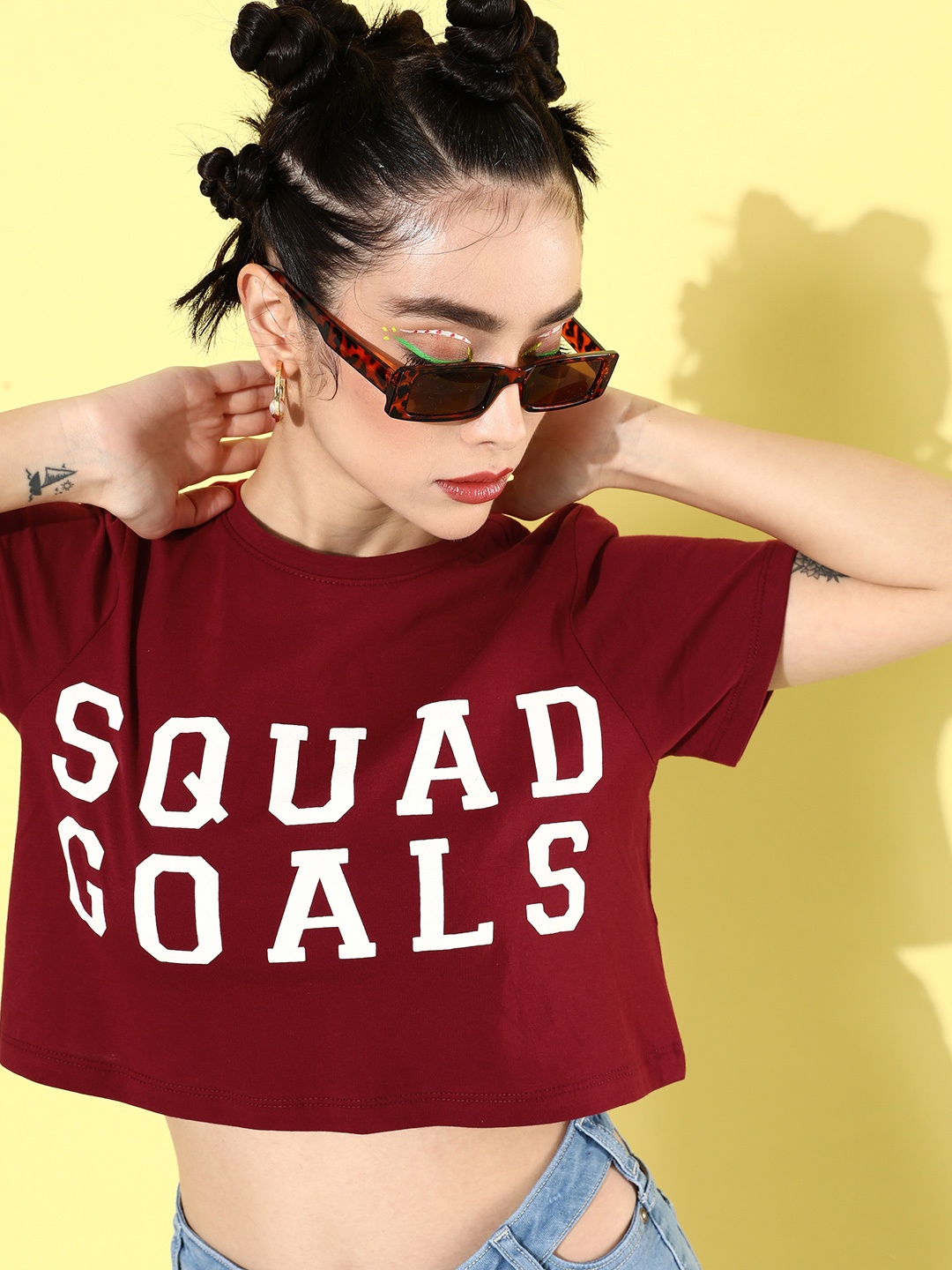 

Mast & Harbour Women Round Neck Typography Printed Pure Cotton T-shirt, Burgundy