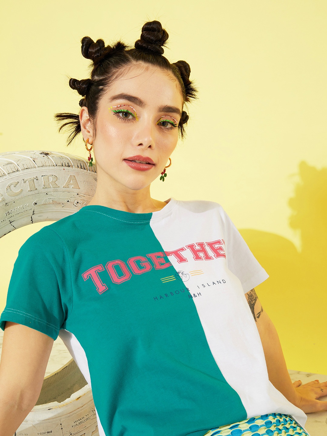 

Mast & Harbour Women Green & White Pure Cotton College Cool Whipped for Varsity T-shirt