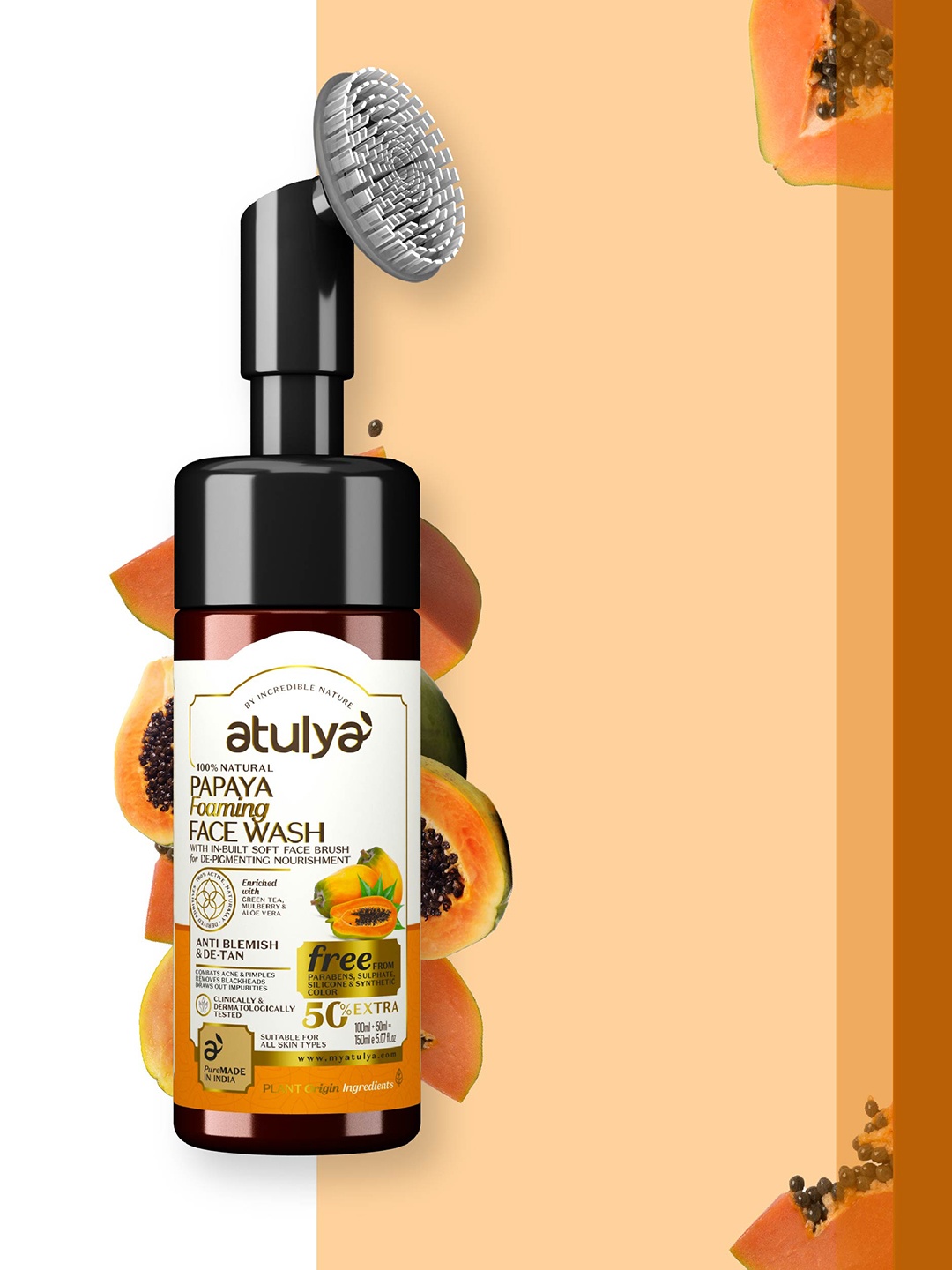 

Atulya Papaya Foaming Face Wash with In-Built Soft Face Brush 150 ml, Brown