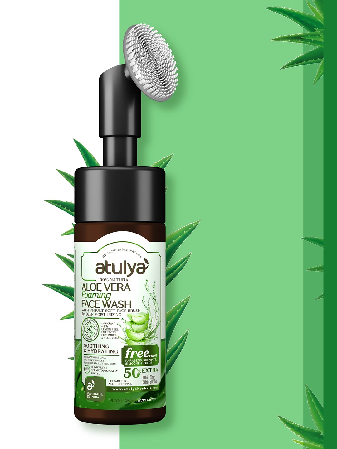 

Atulya Aloe Vera Foaming Face Wash with In-Built Soft Face Brush 150 ml, Brown