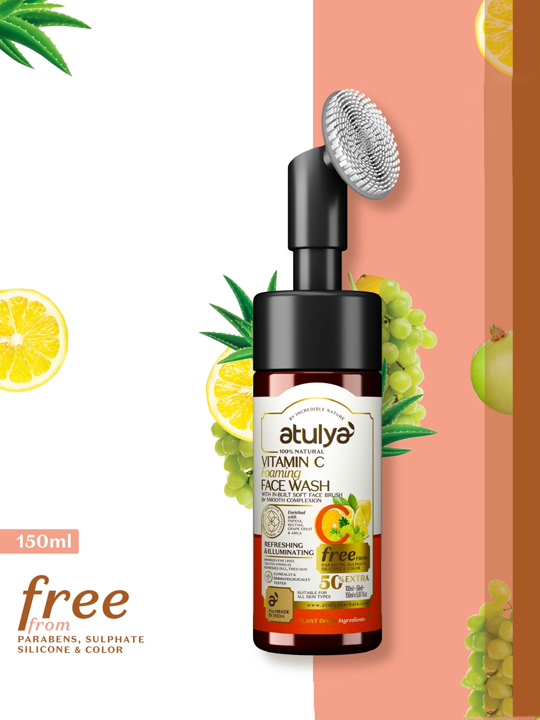 

Atulya Vitamin C Foaming Face Wash with In-Built Soft Face Brush 150 ml, Brown