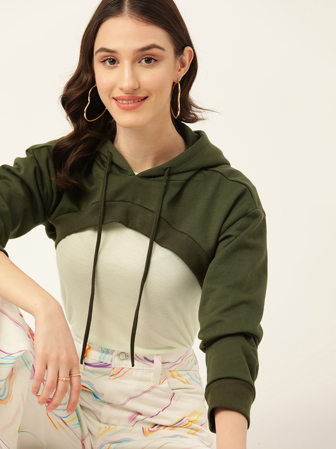 

DressBerry Women Olive Green Hooded Solid Crop Sweatshirt