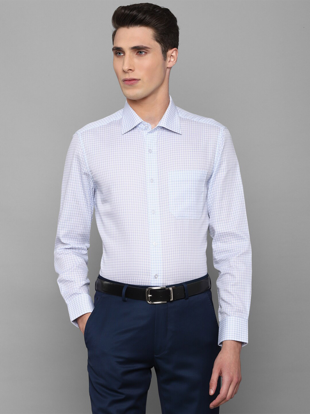 

Louis Philippe Men Blue Slim Fit Grid Tattersall Checked Cotton Formal Shirt