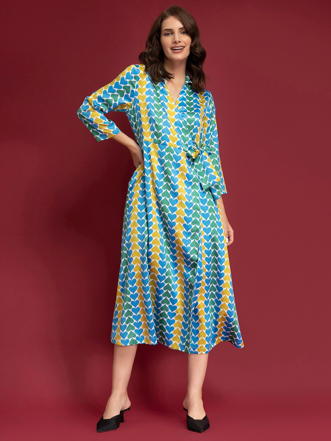 

FableStreet Women Blue & Green Satin Formal A-Line Midi Dress