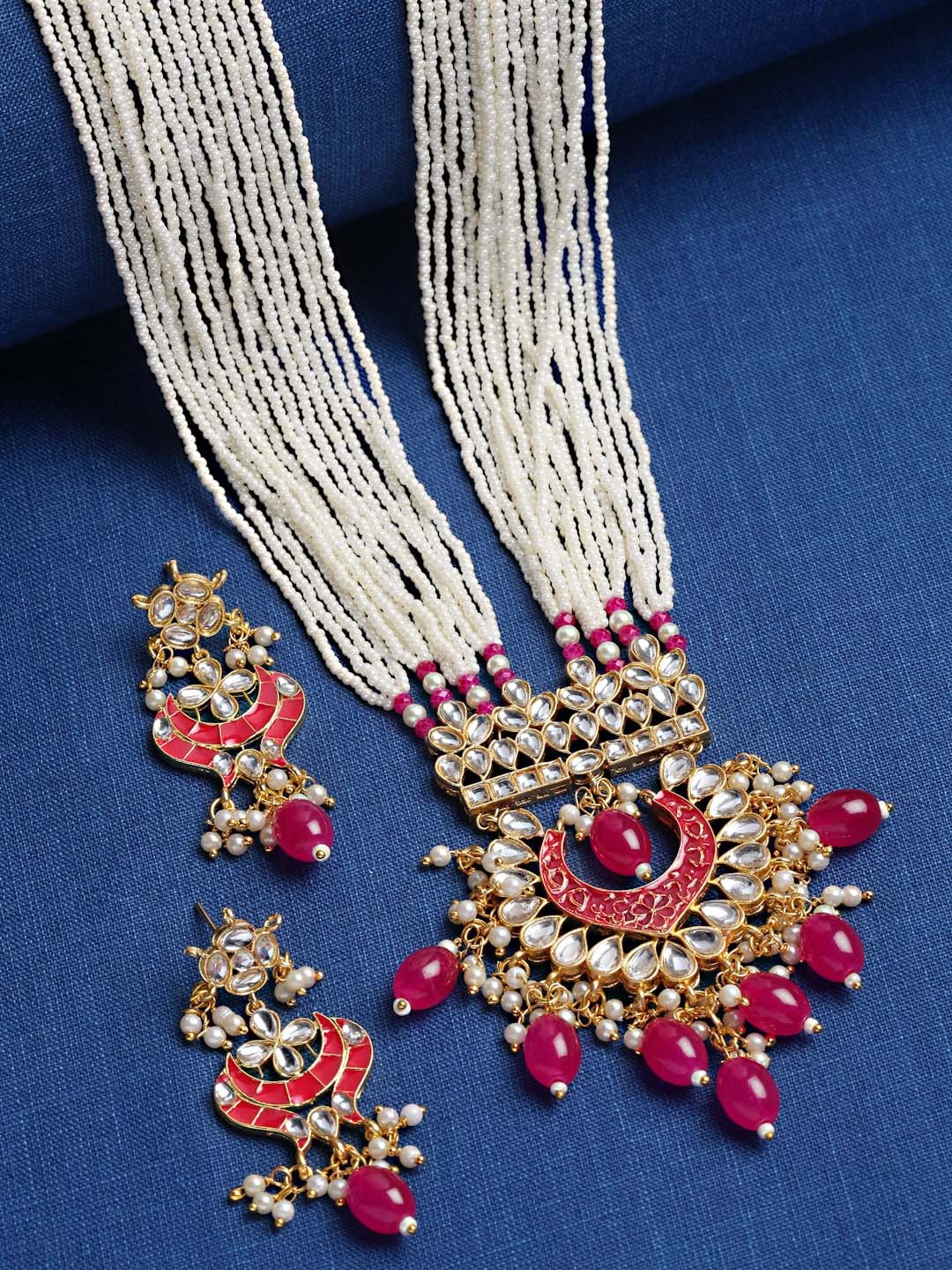 

Sanjog Fuchsia & White Gold-Plated Kundan-Studded Jewellery Set