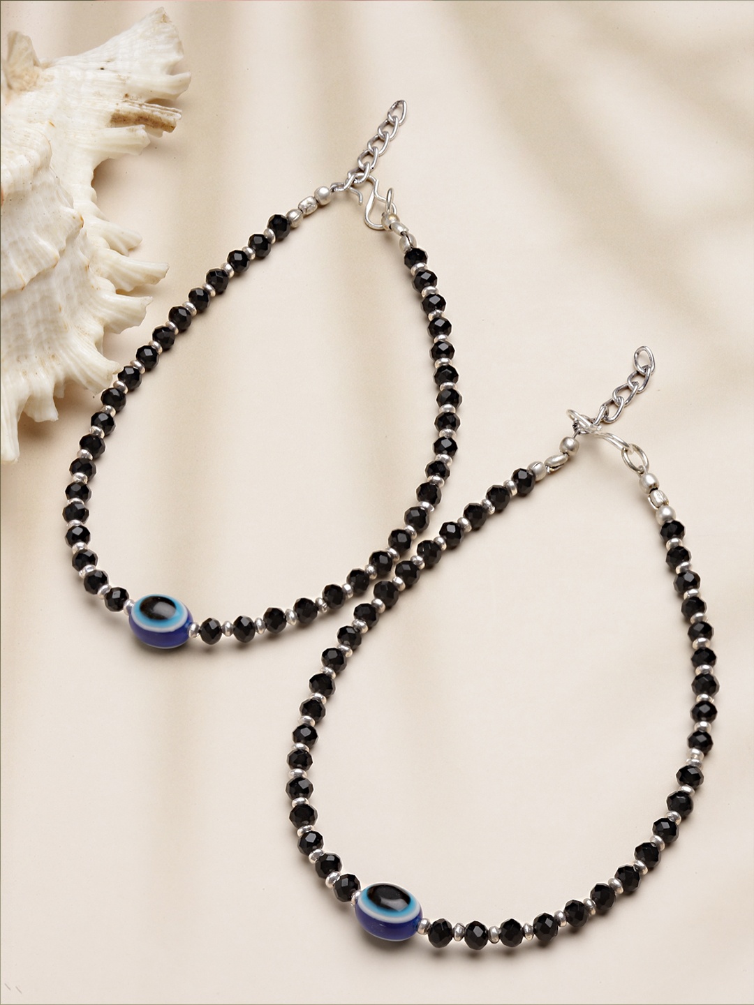 

Sanjog Set Of 2 Oxidised German Silver-Plated Beaded Evil Eye Anklets, Black