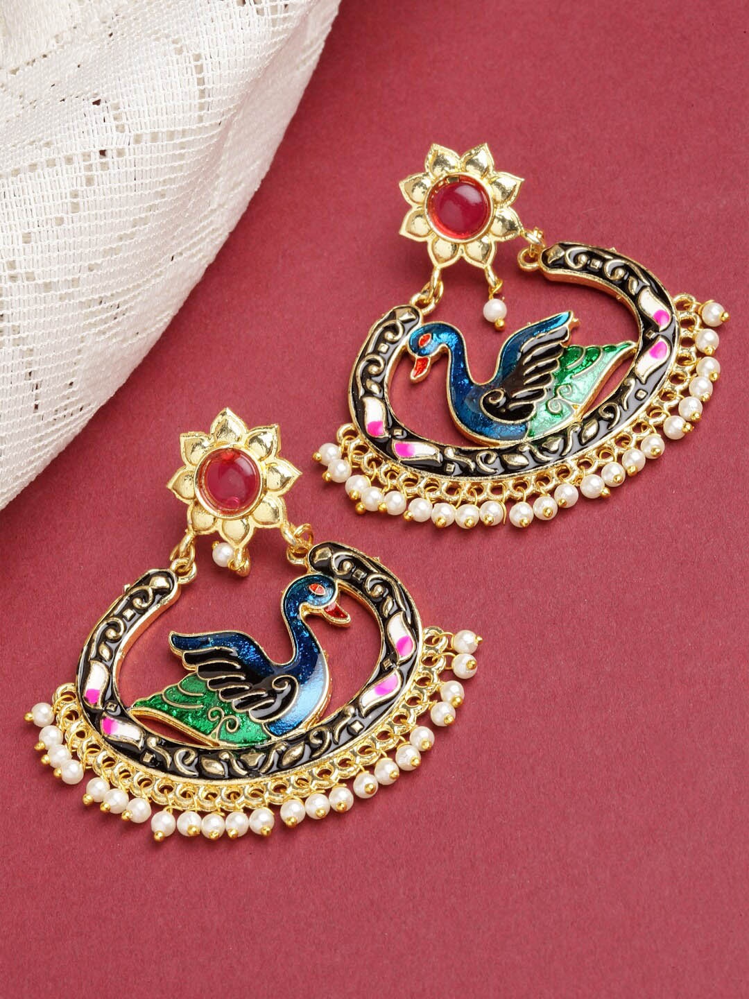 

Sanjog Gold-Plated Meenakari Chandbali Drop Earrings