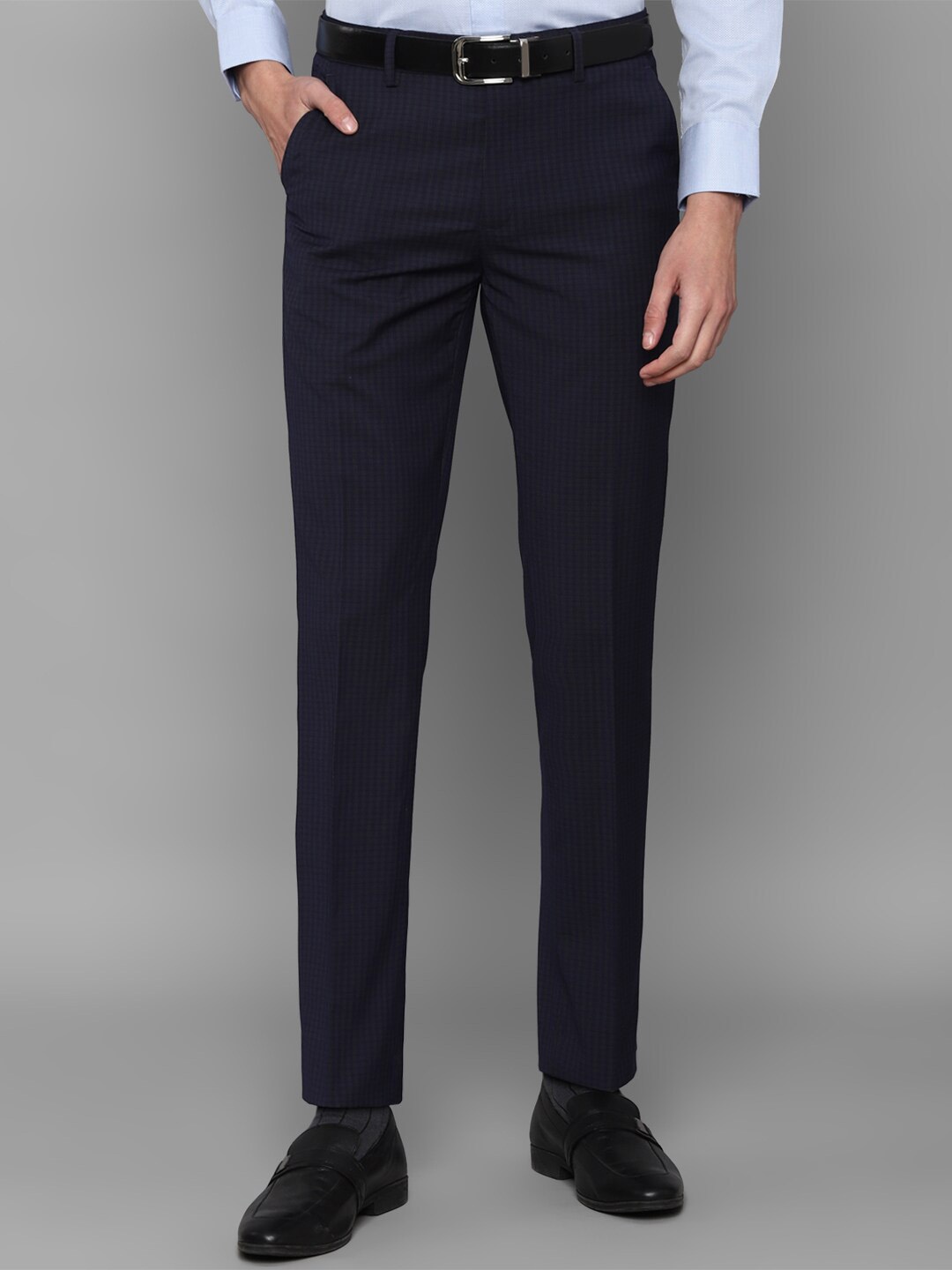 

Peter England Elite Men Navy Blue Checked Slim Fit Trousers