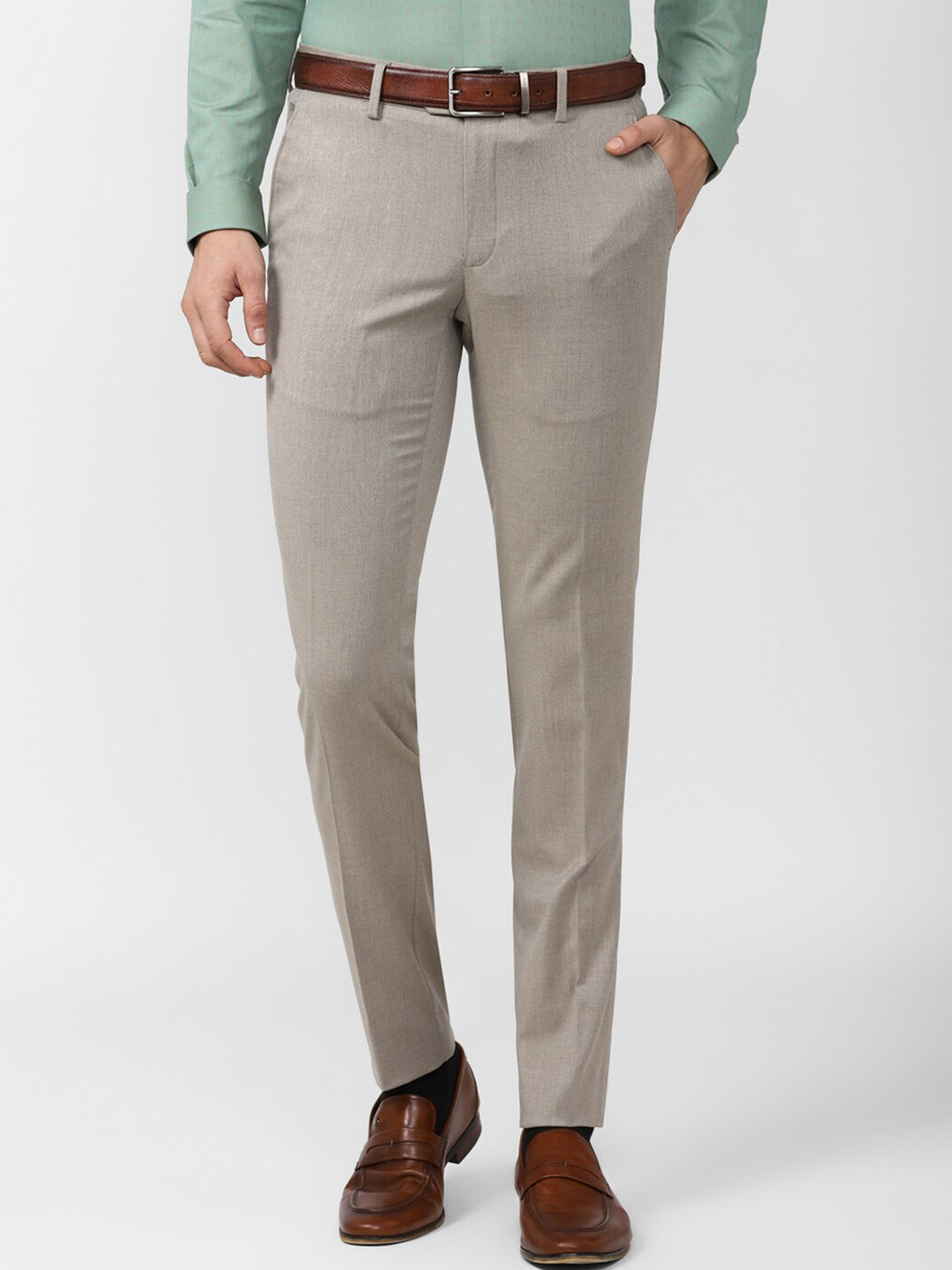 

Peter England Elite Men Grey Textured Slim Fit Trousers