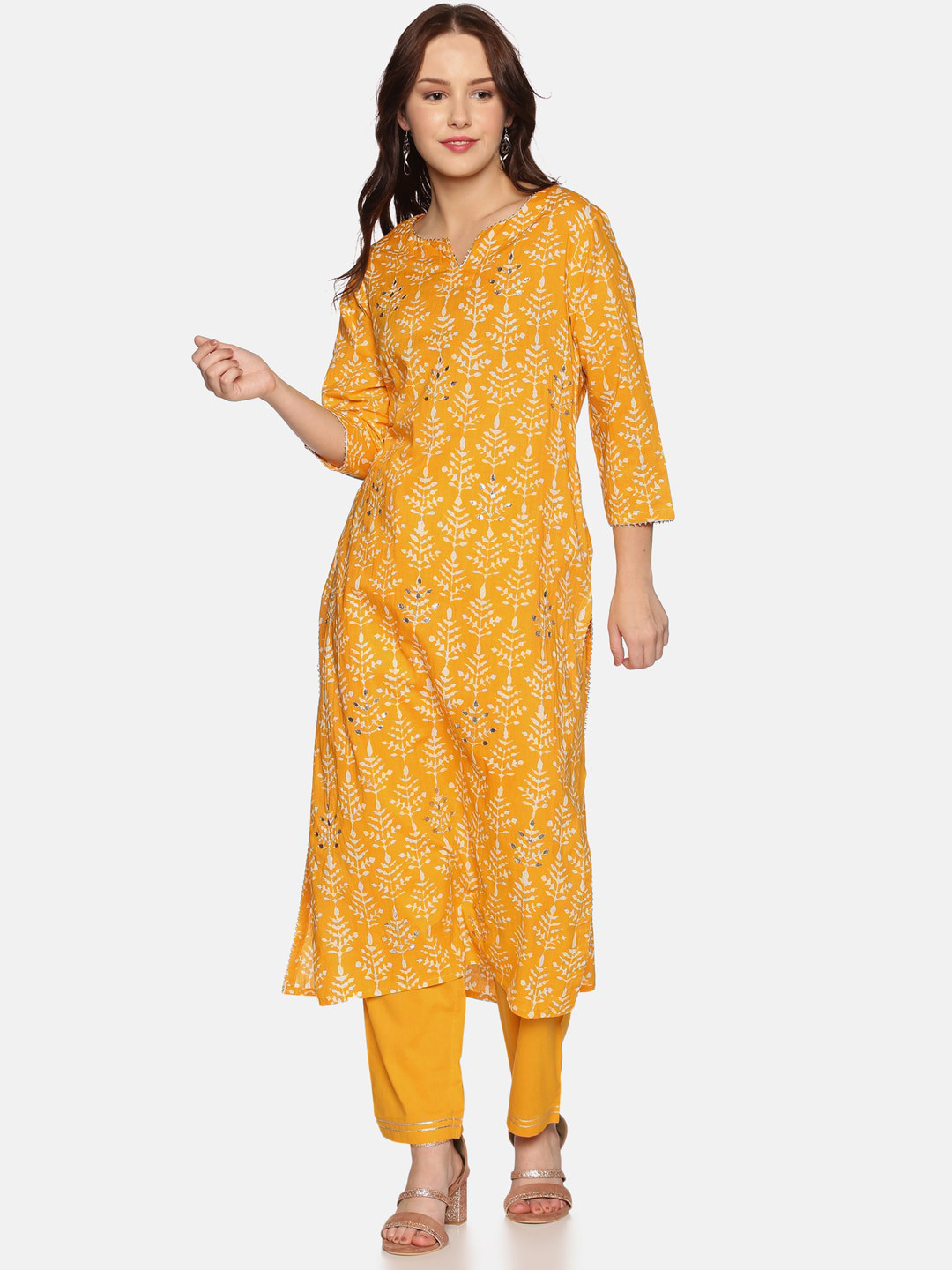 

Palakh Women Yellow Printed Gotta Patti Pure Cotton Kurta with Trousers
