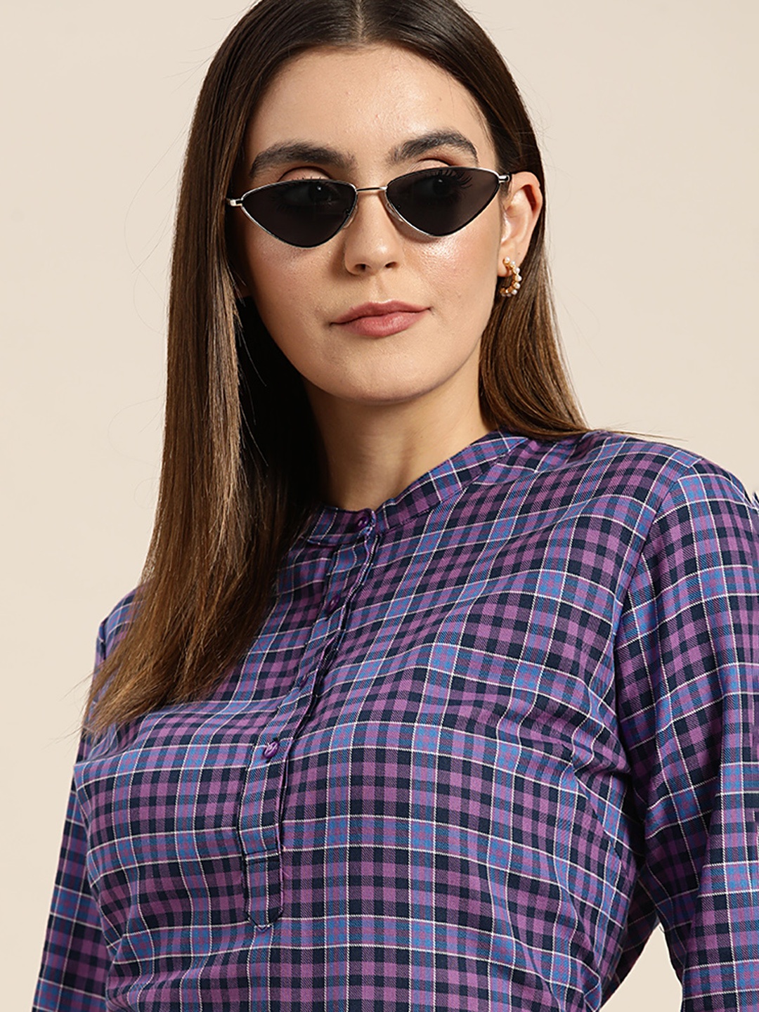 

Hancock Checked Mandarin Collar Shirt Style Cotton Top, Purple