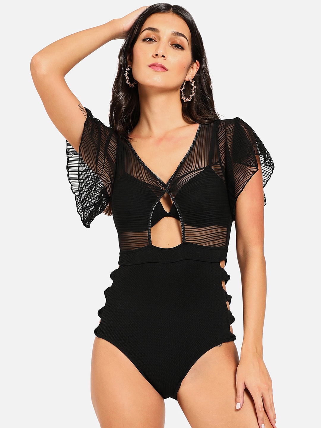 

HAUTE SAUCE by Campus Sutra Women Black Solid Cut-out Swimwear