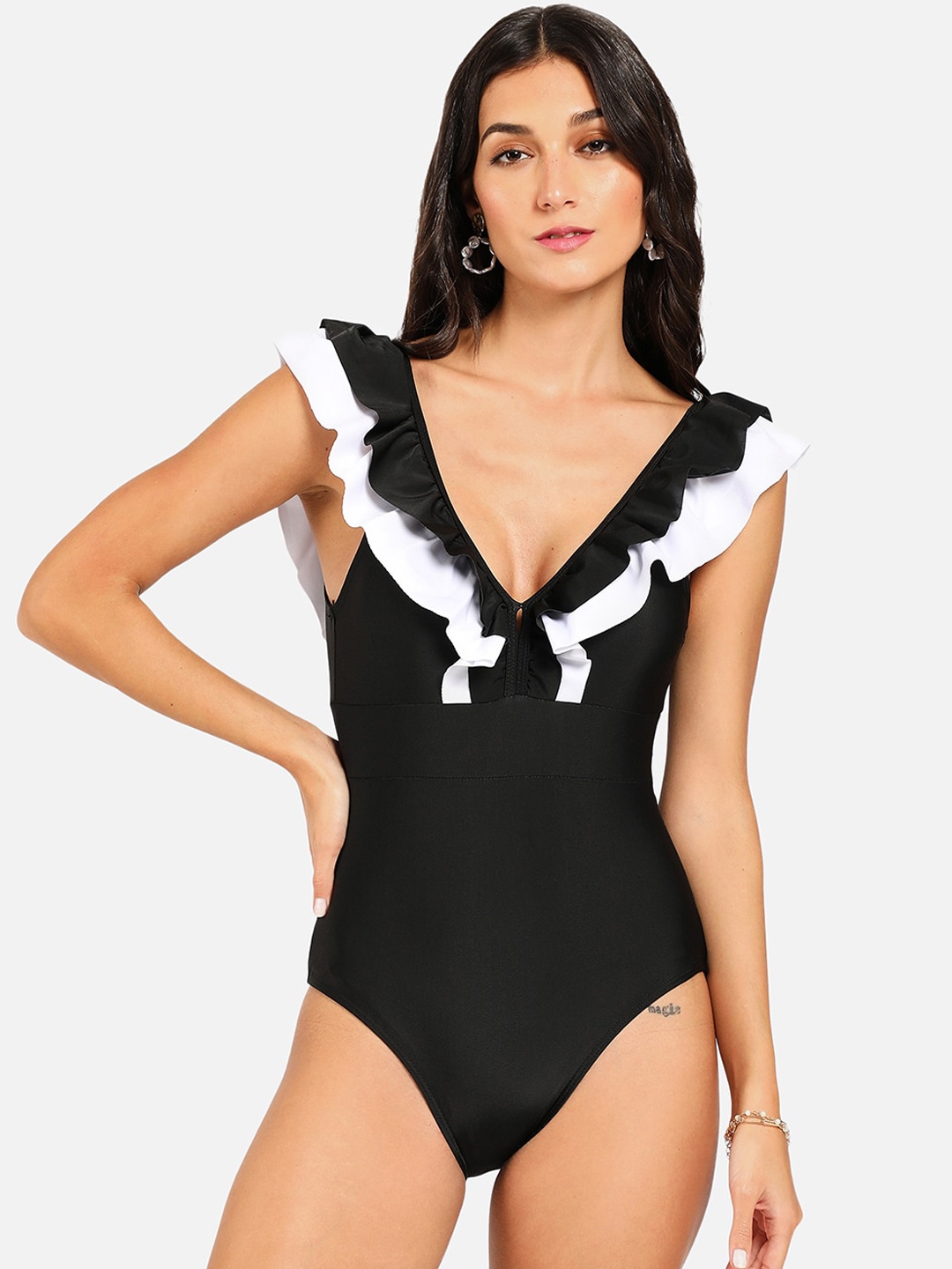 

HAUTE SAUCE by Campus Sutra Women Black & White Solid Swimsuit