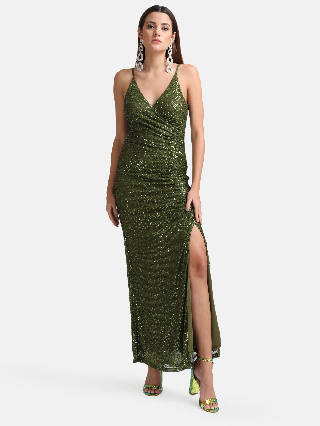 

Kazo Olive Green Embellished Maxi Maxi Dress