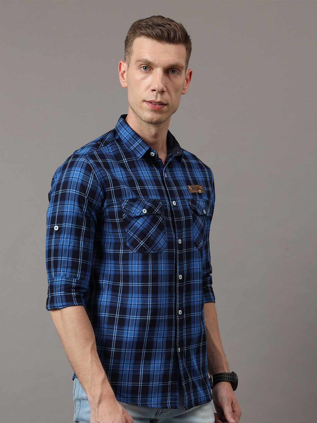 

Jean Cafe Men Blue & Black Premium Slim Fit Tartan Checked Pure Cotton Casual Shirt