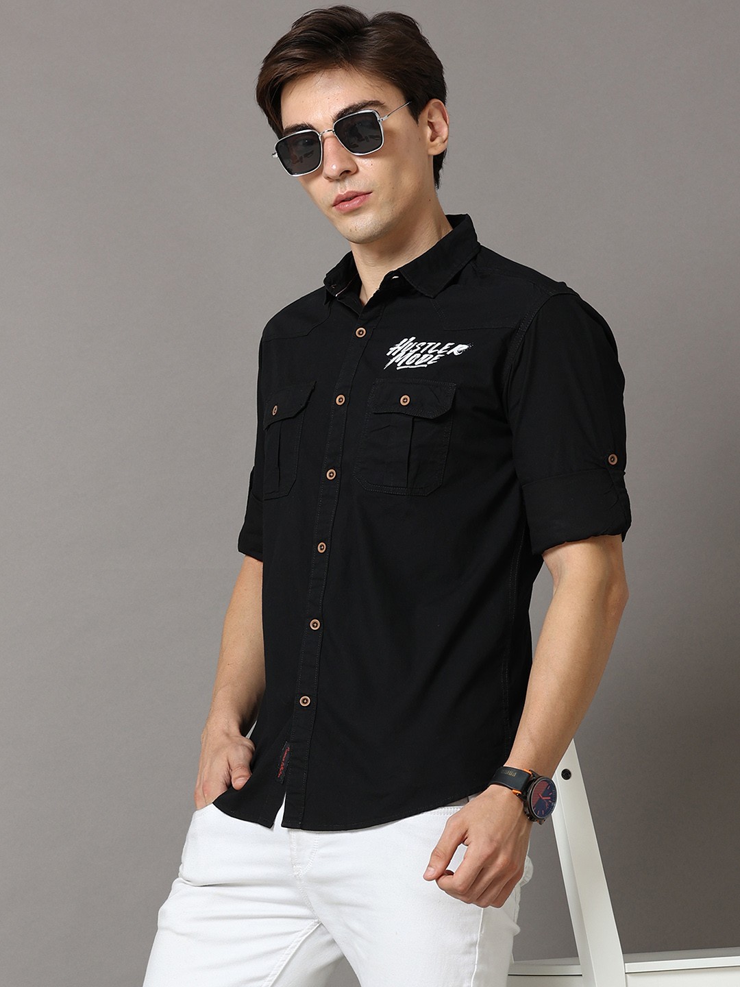 

Jean Cafe Men Black Premium Slim Fit Printed Pure Cotton Casual Shirt