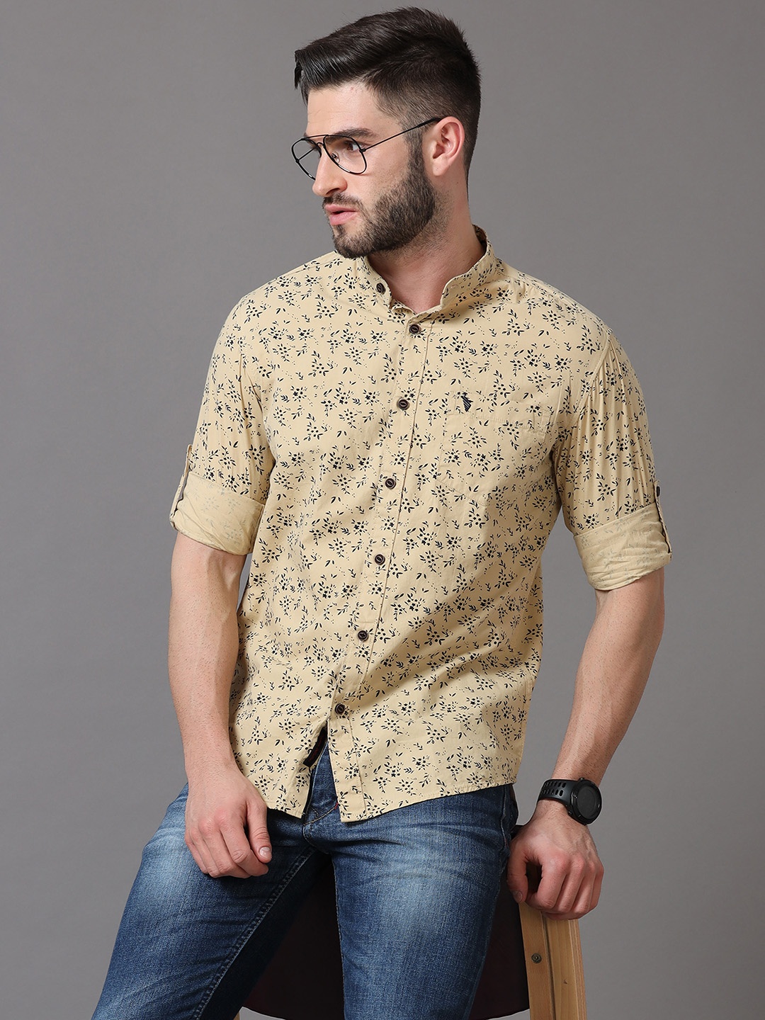 

Jean Cafe Men Beige Premium Slim Fit Floral Printed Pure Cotton Casual Shirt