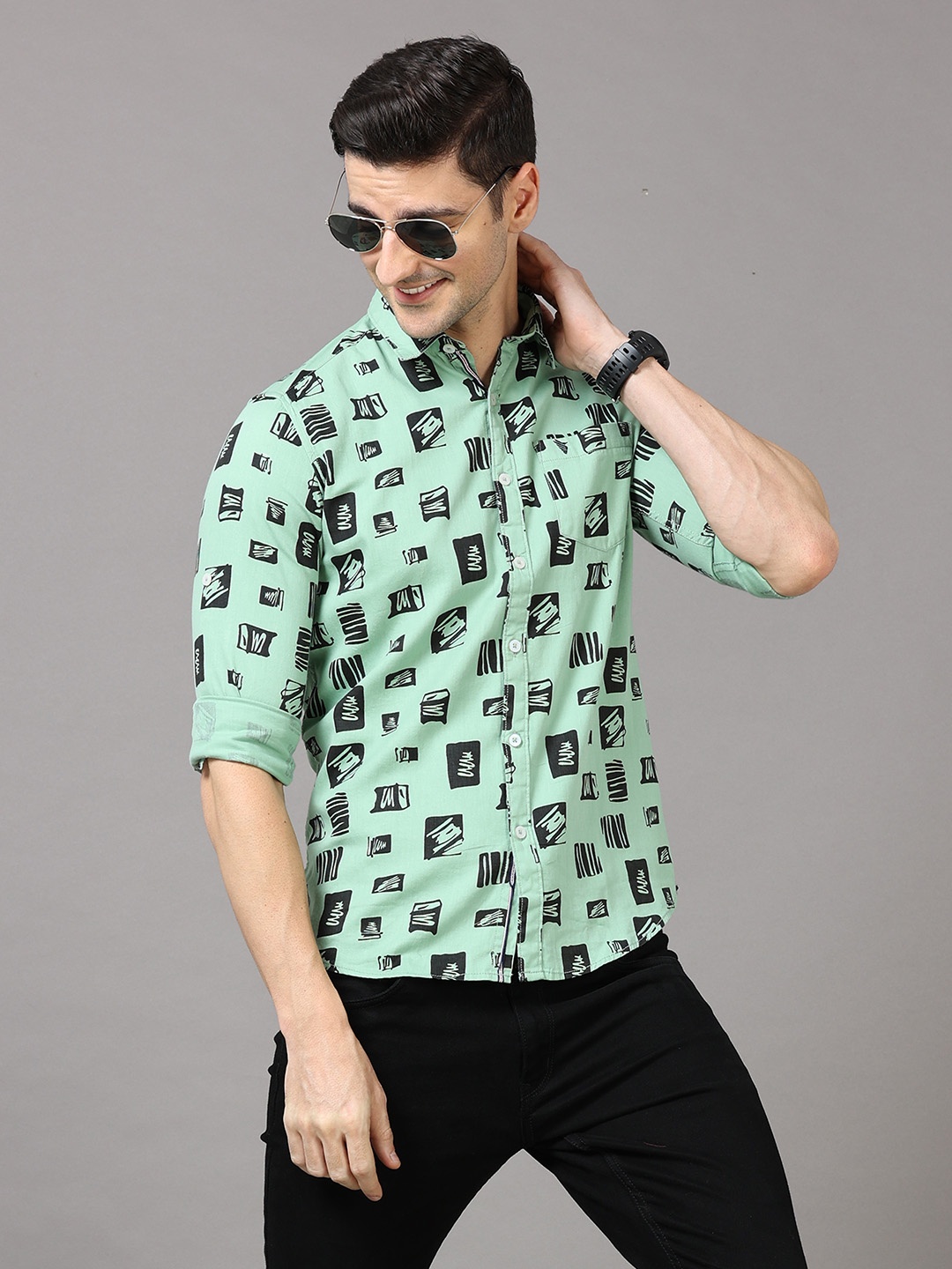 

Jean Cafe Men Sea Green Premium Slim Fit Printed Pure Cotton Casual Shirt