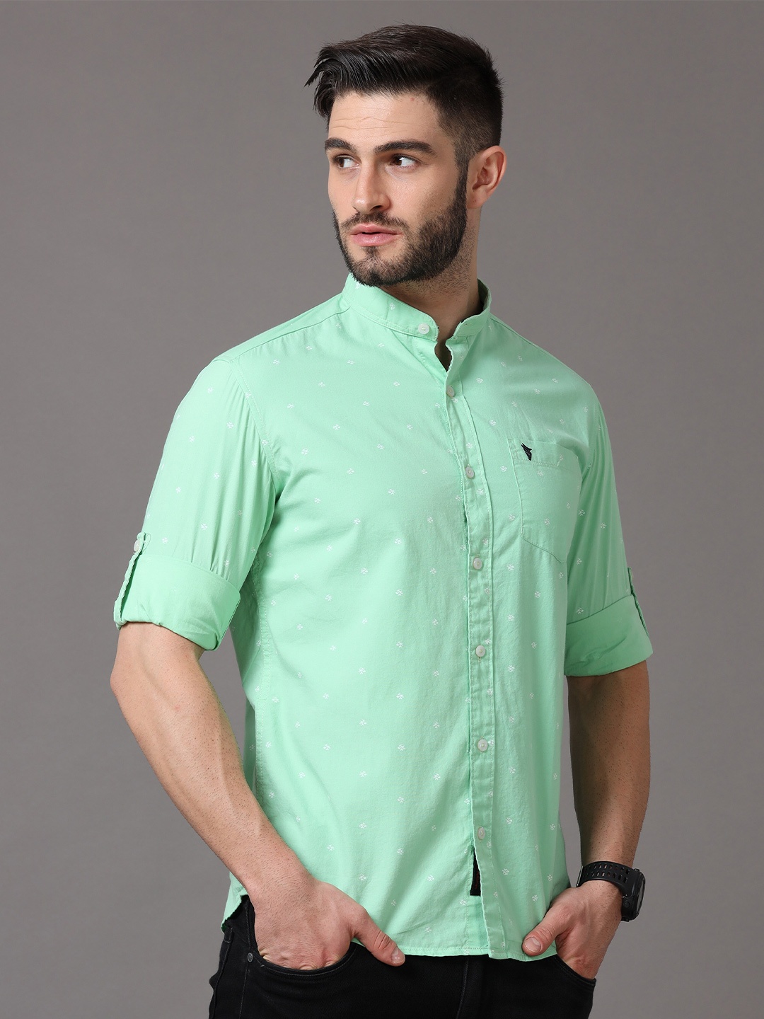 

Jean Cafe Men Sea Green Premium Slim Fit Printed Pure Cotton Casual Shirt