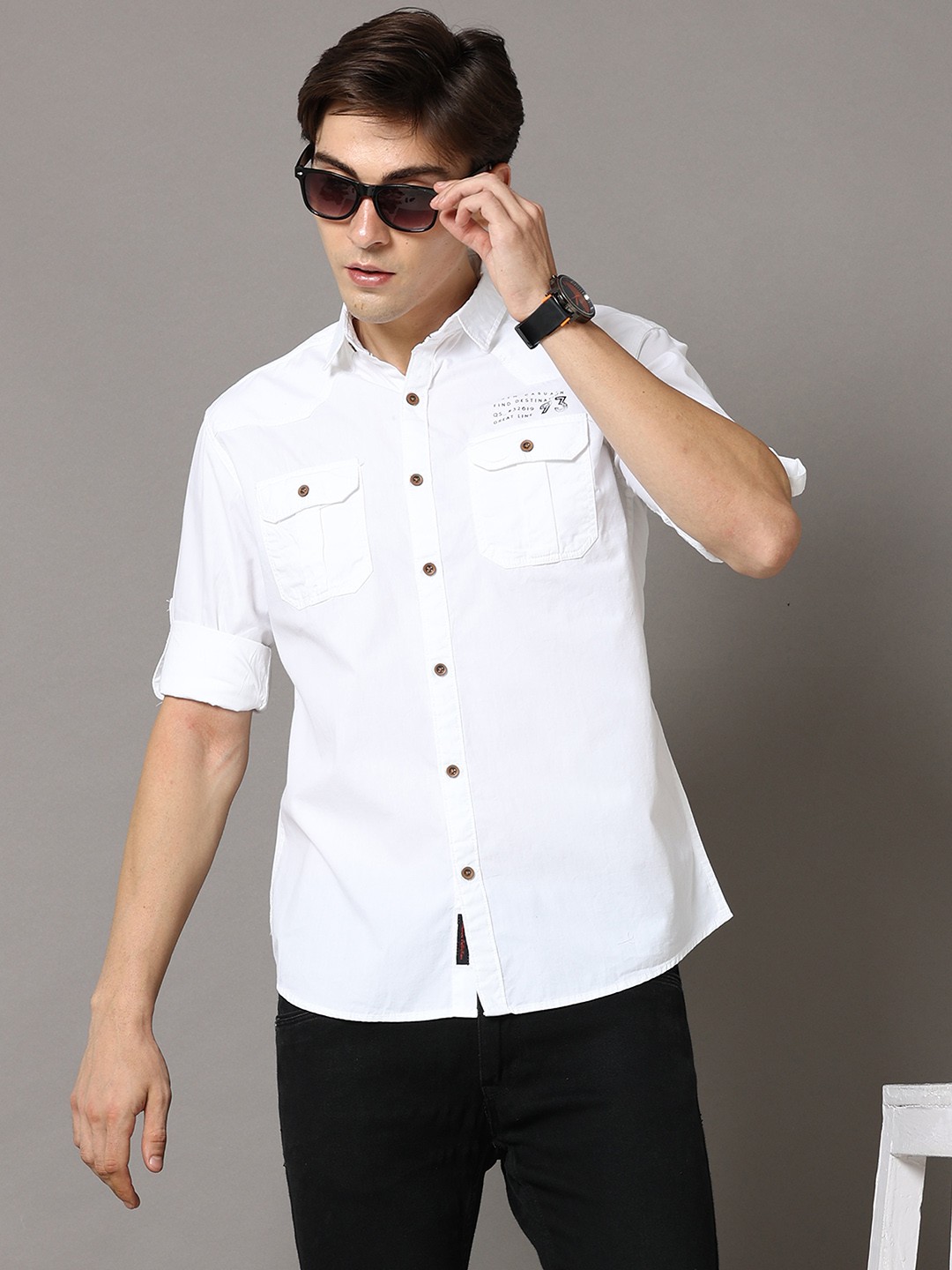 

Jean Cafe Men White Premium Slim Fit Printed Pure Cotton Casual Shirt