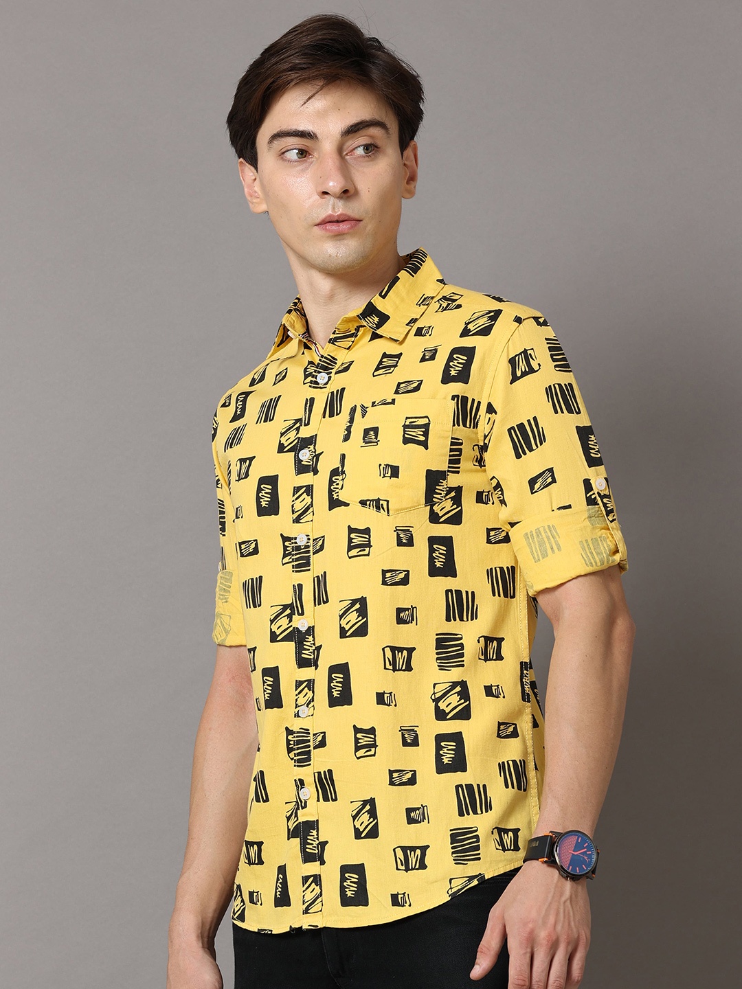 

Jean Cafe Men Yellow Premium Slim Fit Printed Pure Cotton Casual Shirt