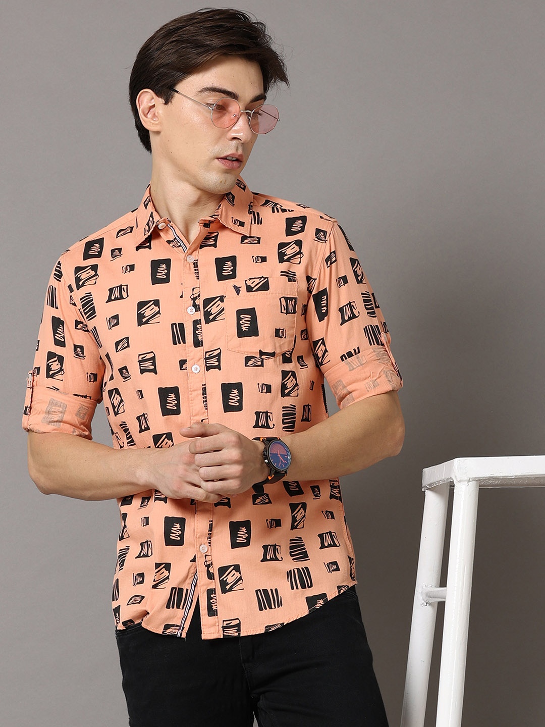 

Jean Cafe Men Peach-Coloured Premium Slim Fit Printed Pure Cotton Casual Shirt