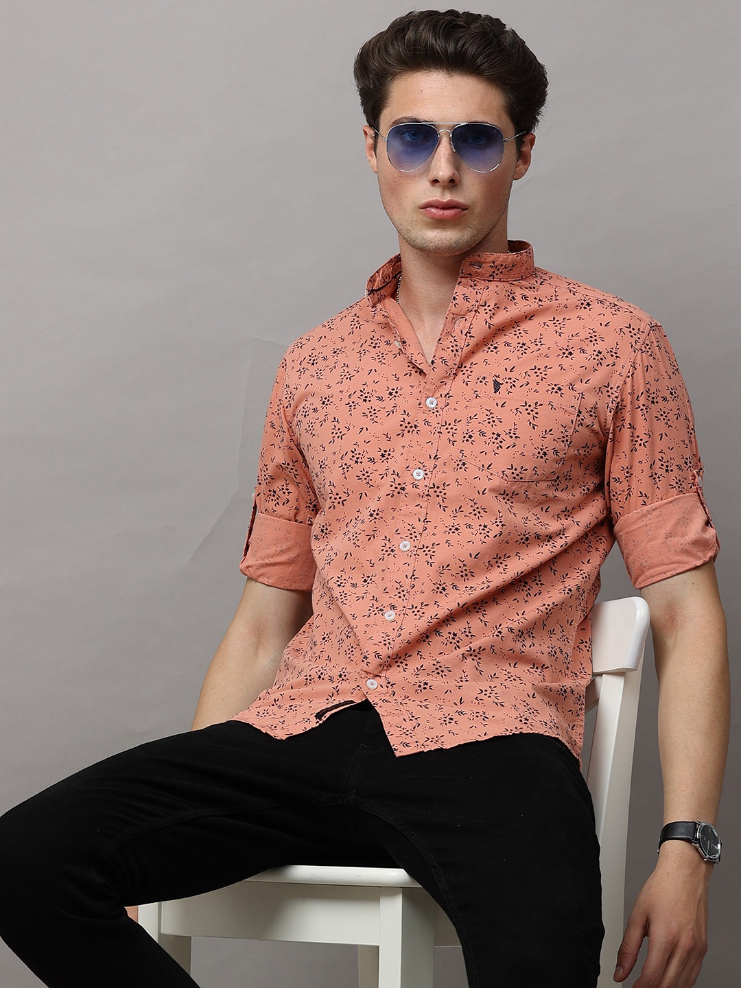 

Jean Cafe Men Peach-Coloured Premium Slim Fit Printed Pure Cotton Casual Shirt