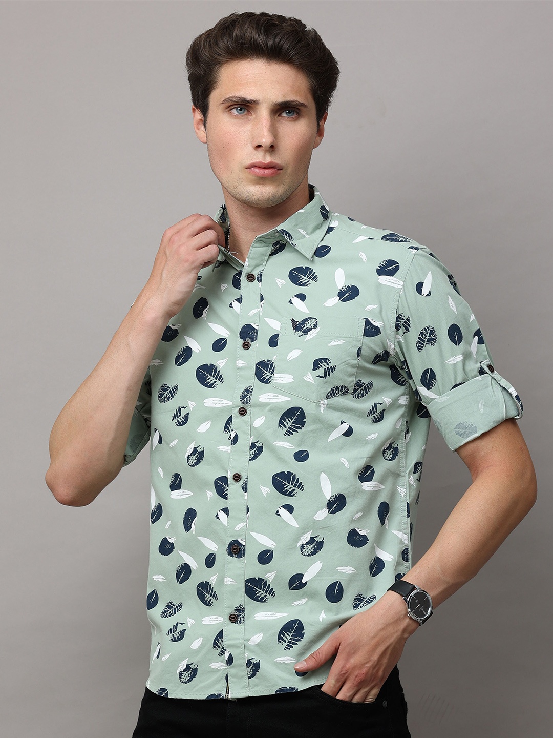 

Jean Cafe Men Sea Green Premium Slim Fit Printed Pure Cotton Casual Shirt