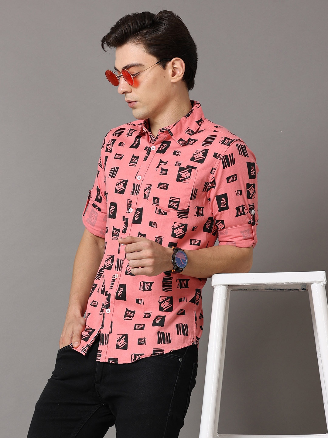 

Jean Cafe Men Pink Premium Slim Fit Printed Pure Cotton Casual Shirt