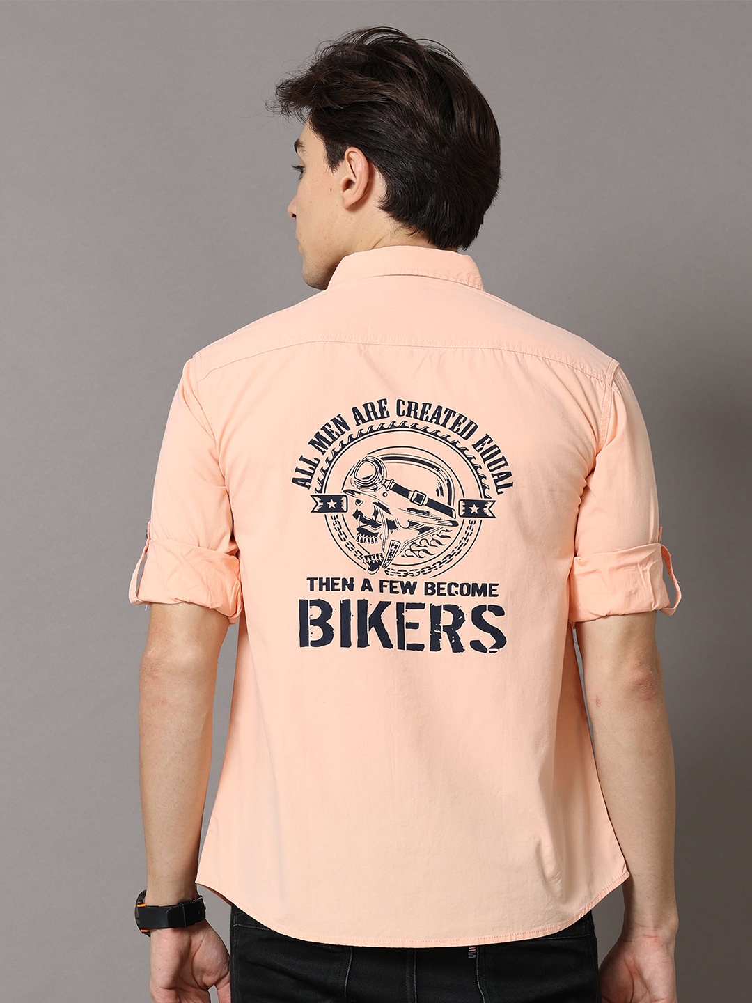 

Jean Cafe Men Peach-Coloured Premium Slim Fit Printed Pure Cotton Casual Shirt