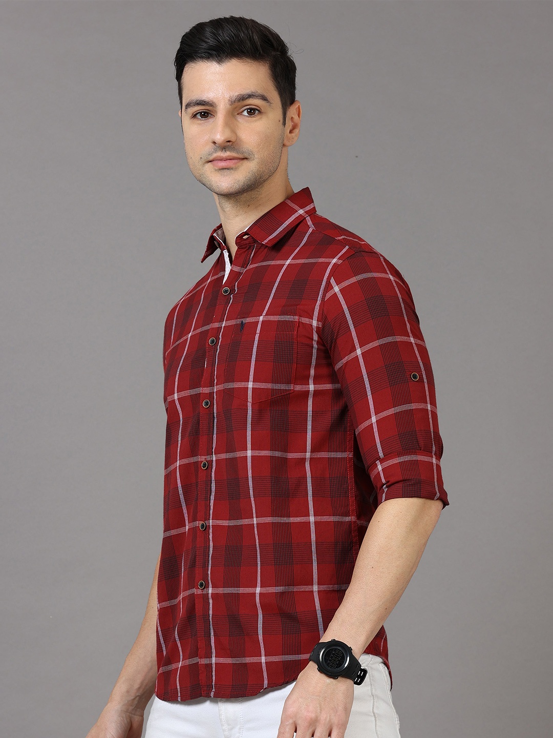 

Jean Cafe Men Red Premium Slim Fit Tartan Checked Pure Cotton Casual Shirt