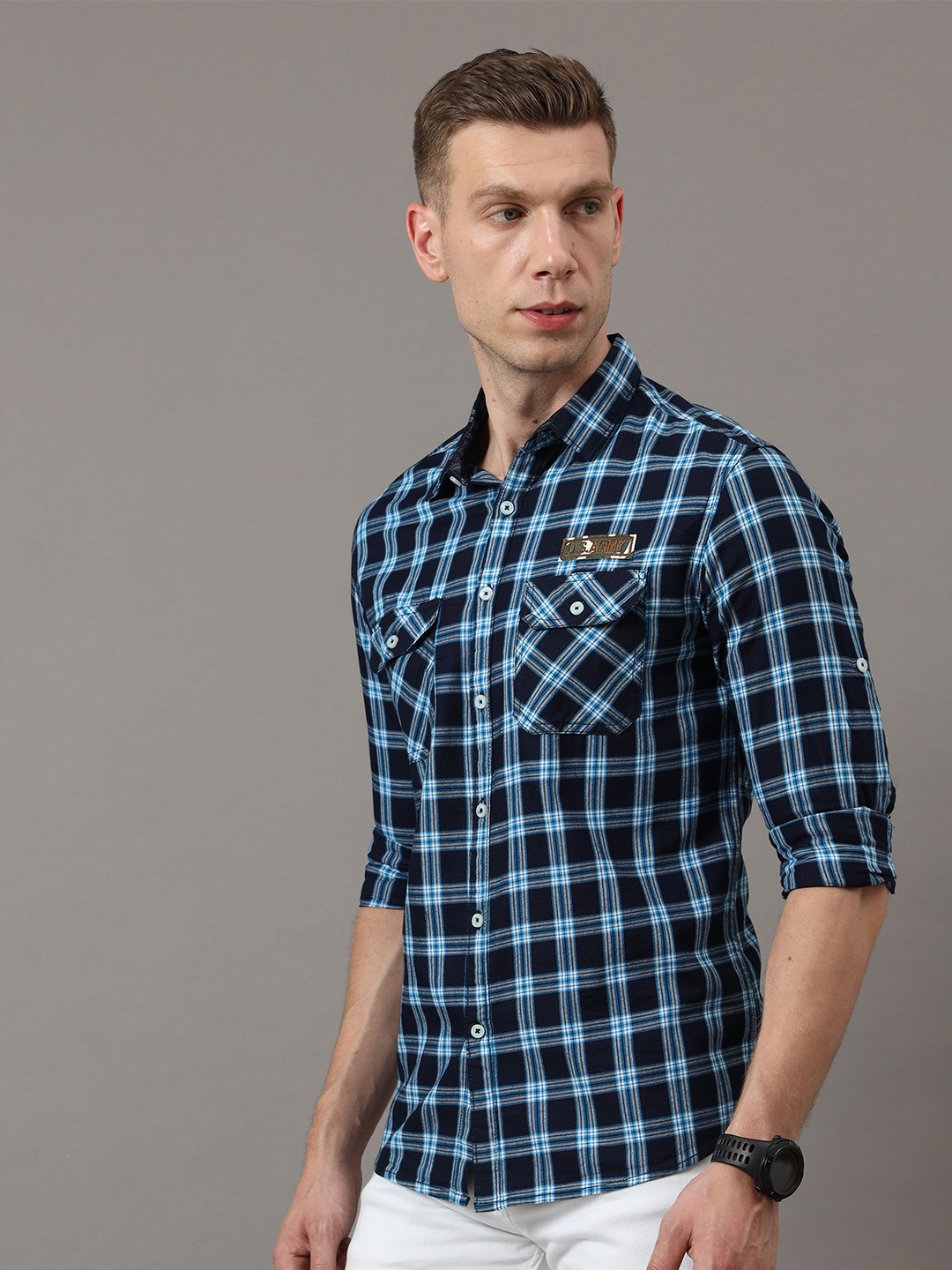 

Jean Cafe Men Blue Premium Slim Fit Checked Pure Cotton Casual Shirt