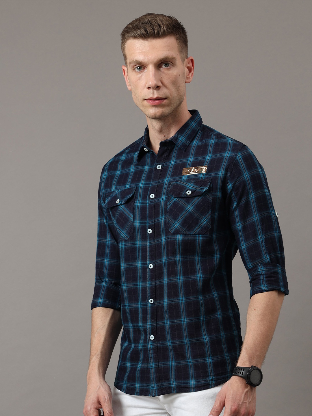 

Jean Cafe Men Navy Blue Premium Slim Fit Buffalo Checked Pure Cotton Casual Shirt