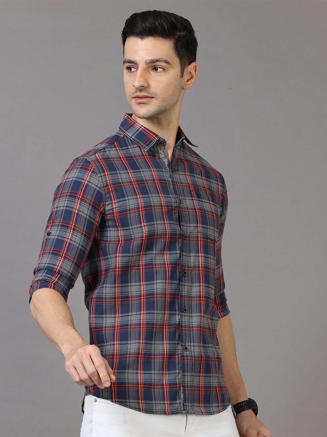 

Jean Cafe Men Grey Premium Slim Fit Tartan Checked Pure Cotton Casual Shirt