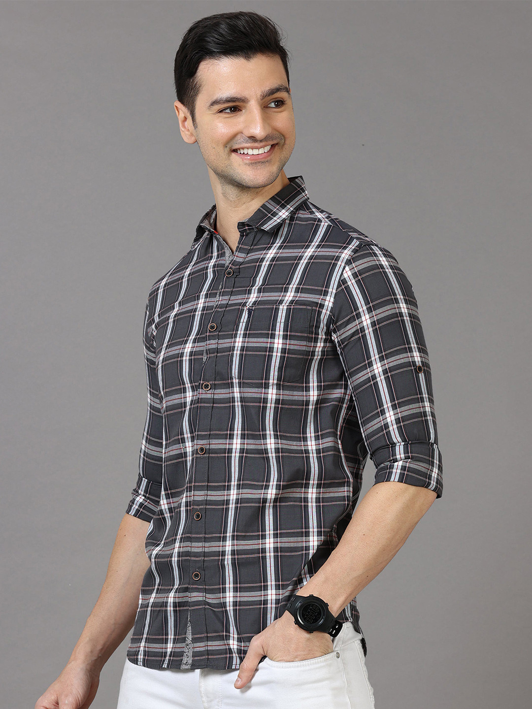 

Jean Cafe Men Grey Premium Slim Fit Tartan Checked Pure Cotton Casual Shirt