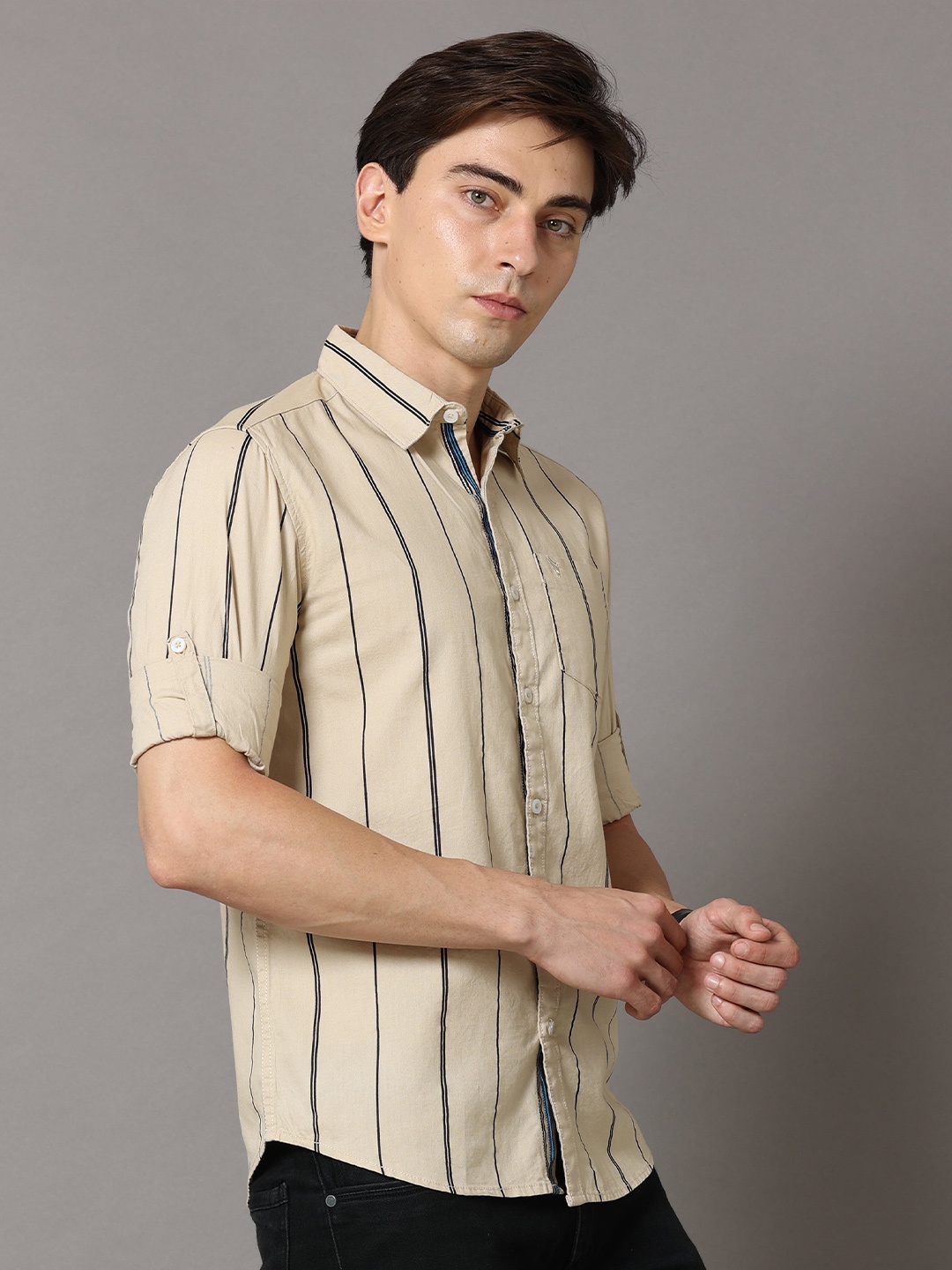 

Jean Cafe Men Beige Premium Slim Fit Striped Pure Cotton Casual Shirt