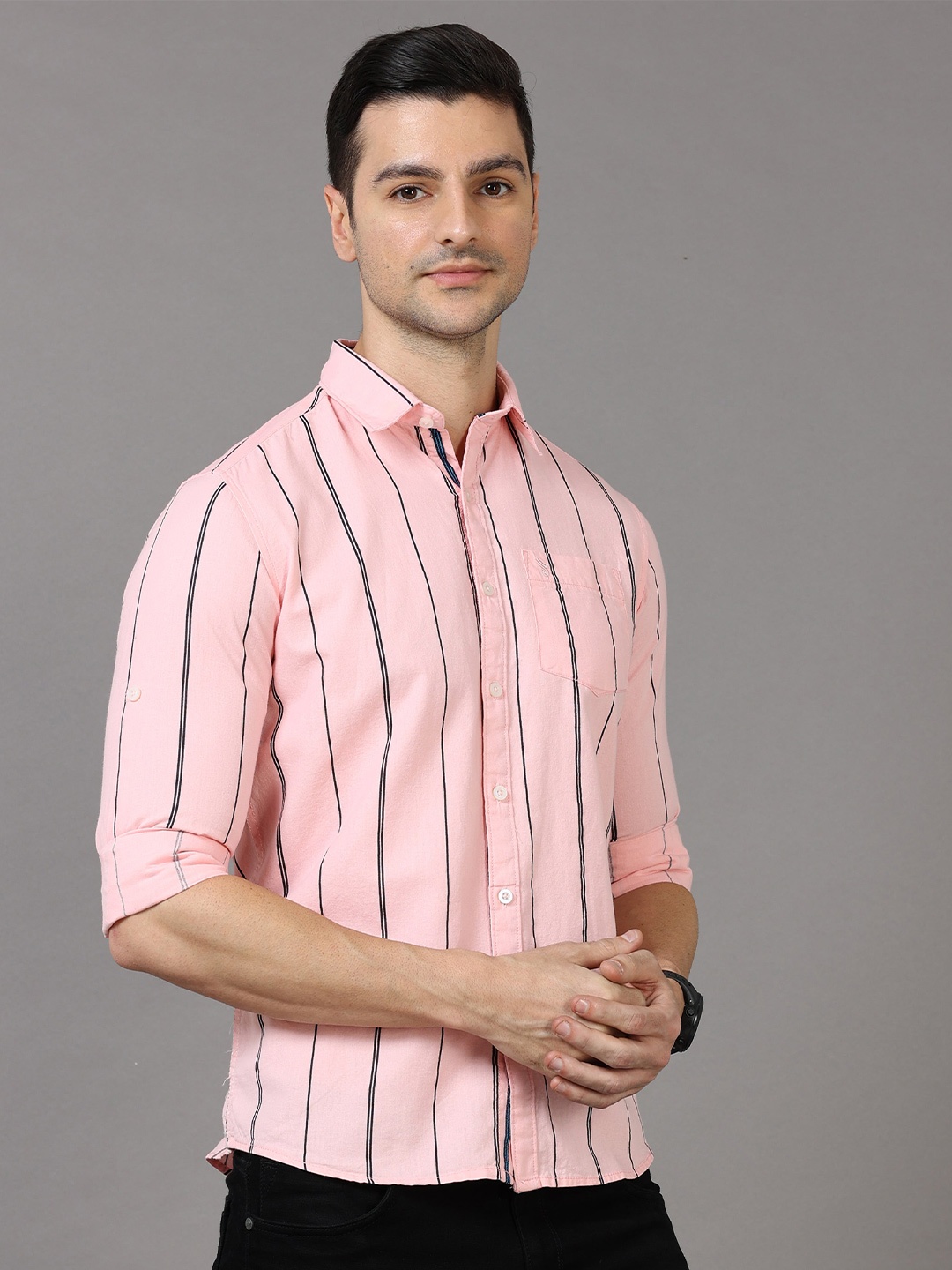 

Jean Cafe Men Pink Premium Slim Fit Striped Pure Cotton Casual Shirt