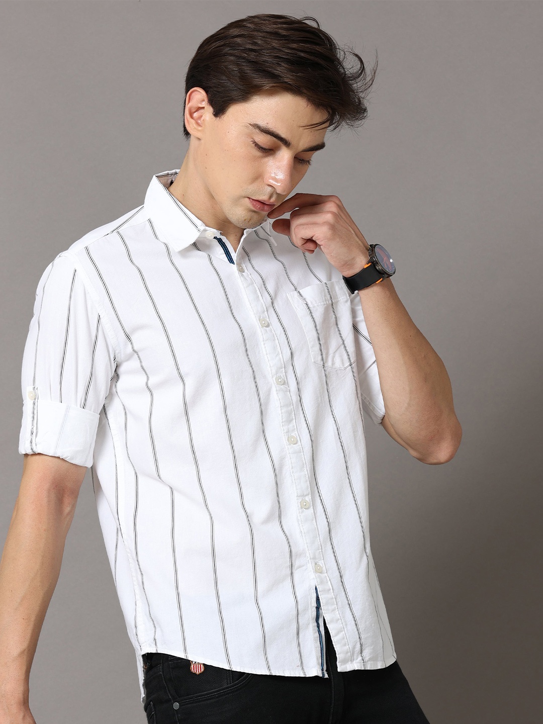 

Jean Cafe Men White Premium Slim Fit Striped Pure Cotton Casual Shirt